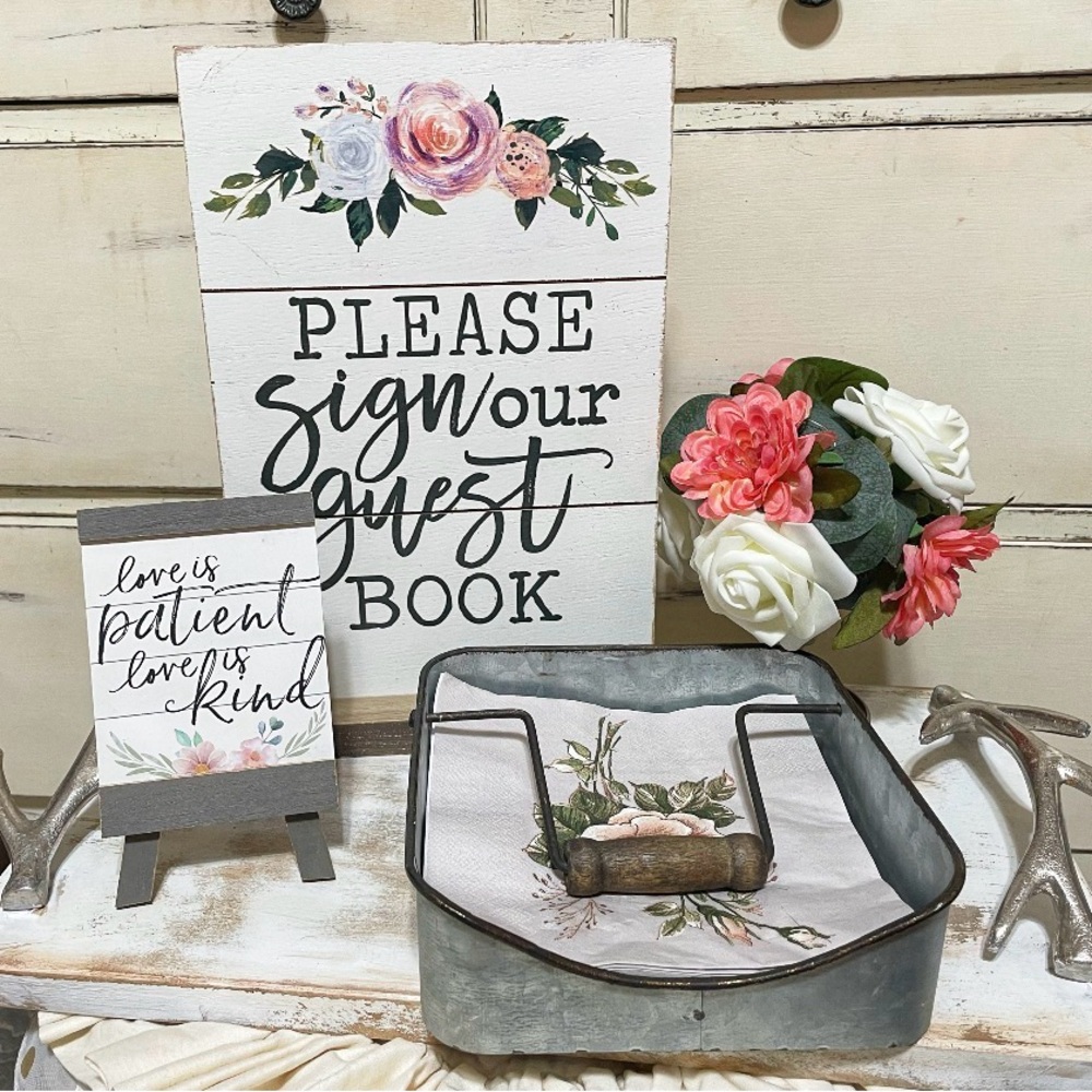 American Vintage Floral Guest Book Sign with Pink and White Accents